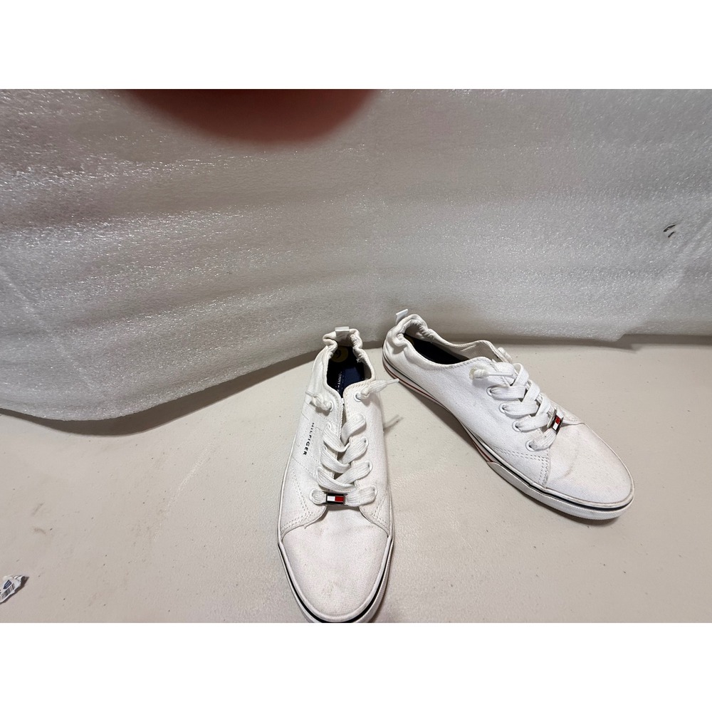 Tommy Hilfiger Womens White Canvas Low Top Sneakers Flag Logo Size 9